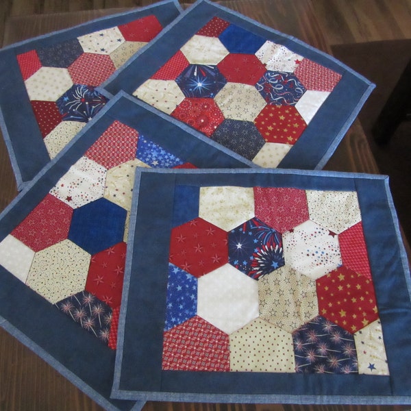 One Quilted Placemat;   Hexi Shapes, Patriotic Red, White and Blue Reversible Placemat; Rectangle Placemat; Tablemat; Patriotic Decor