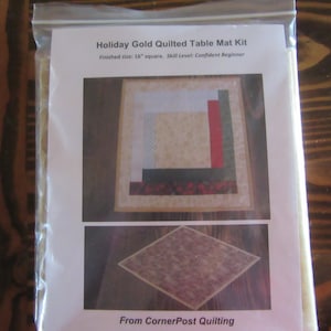 Holiday Gold Quilted Table Mat Kit, Approx. 16 inch squareTable Mat Kit, Do-it-yourself quilt kit. Confident Beginner Skill Level.