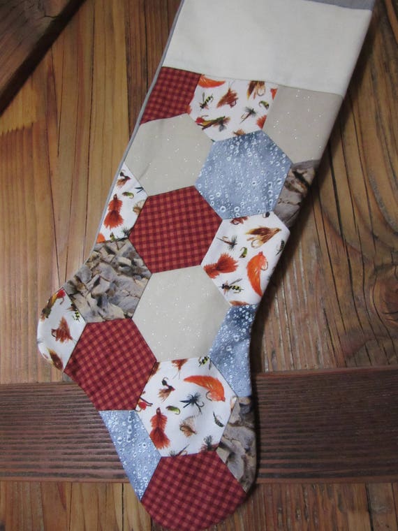 Quilted Hexi Fishing Christmas Stocking, Fisherman Stocking, Outdoorsman  Stocking, Fishing Lures Stocking