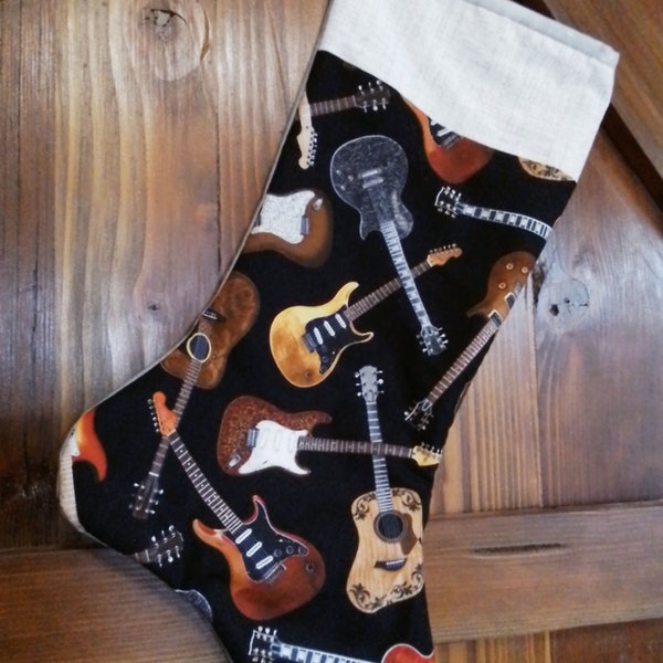 Quilted Guitar Christmas Stocking,  Acoustic and Electric Guitar Christmas Stocking,  Stringed Instrument Stocking