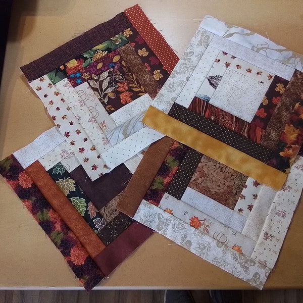 1 UNFINISHED (3" Center) Autumn Log Cabin block, approximately 9 1/2 (approx. 9 inch when finished), Pieced  quilt block