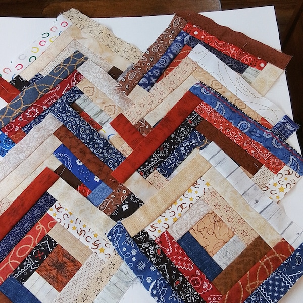 1 Unfinished  (2" center) Western Log Cabin block, approximately 9 1/2 (approx. 9 inch when finished), Pieced  unfinished quilt block,