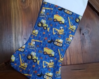 Quilted Tractor Christmas Stocking,  Little Boy Stocking, Construction vehicles stocking,  Dump Truck Stocking