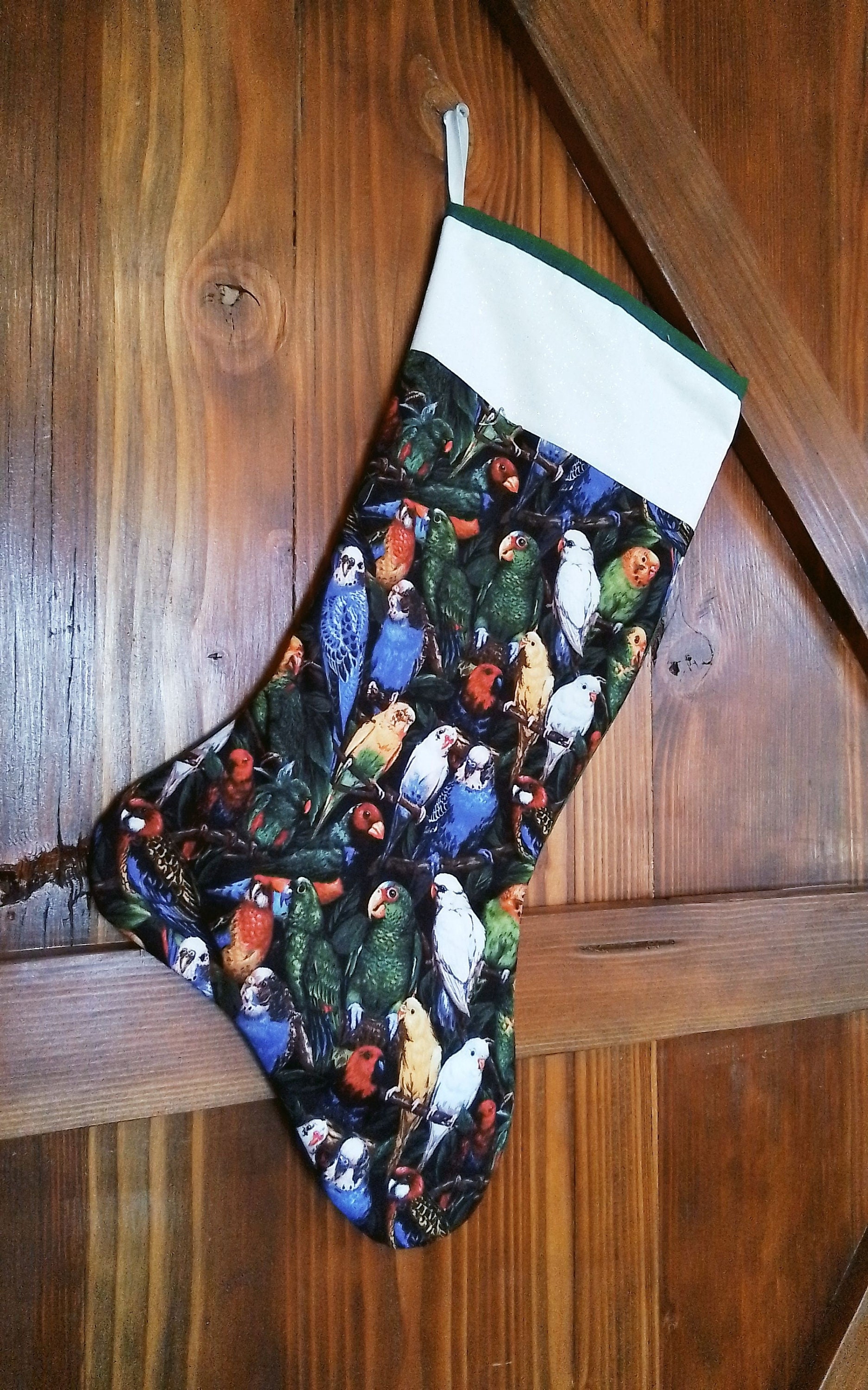 Quilted Parakeet Christmas Stocking, Birds Christmas Stocking,