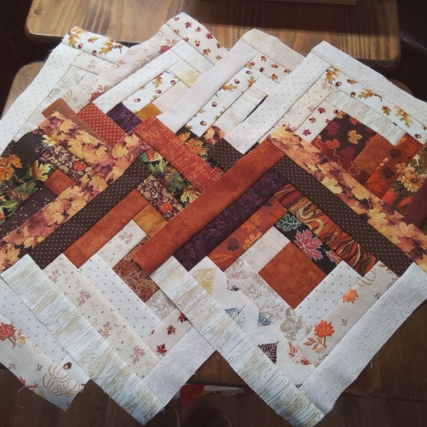 One Unfinished (2" Center) Autumn Log Cabin block, approximately 9 1/2 (approx. 9 inch when finished), Pieced  quilt block