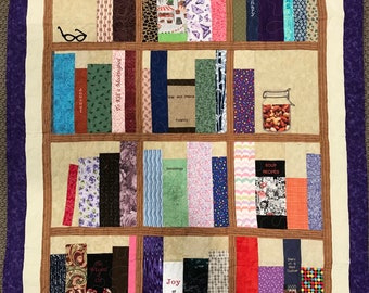 Book Shelves Embroidered and Pieced Throw Quilt, 52” x 40”