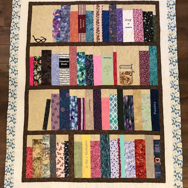 Book Shelves Embroidered and Pieced Throw Quilt, 52” x 40”