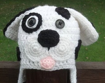 Dalmation Baby Puppy Earflap Hat, Newborn Photo Prop, Halloween Costume, Birthday Photography, Baby Shower Gift