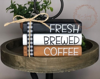 Mini Coffee Book Stack, Fresh Brewed Coffee Book Stack, Tiered Tray Decor, Coffee Bar, Wood Coffee Block