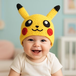 May include: A smiling baby wearing a yellow crocheted hat with black and red accents, resembling a popular cartoon character. The hat features large ears and a smiling face. The baby is wearing a white onesie.