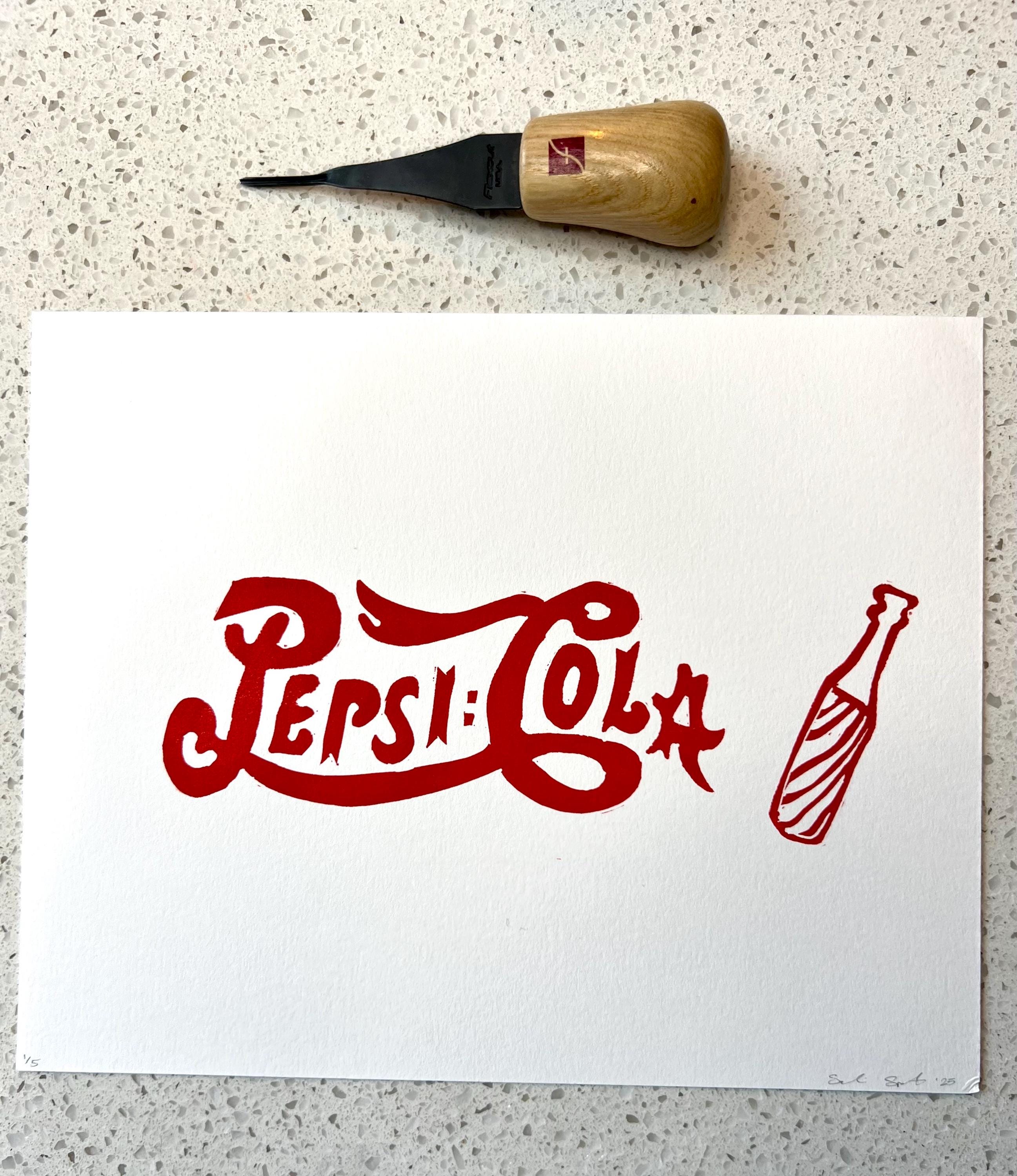 Pepsi-Cola Sign Linocut Print – Hand-Carved NYC-Inspired Art – 8x10 Oil-Based Ink Print on Heavyweight Paper – Handmade Original