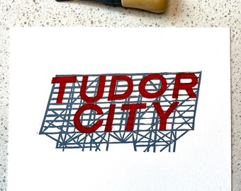 Tudor City Sign Linocut Print – Hand-Carved NYC-Inspired Art – 8x10 Oil-Based Ink Print on Heavyweight Paper – Handmade Original