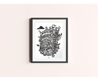 Howl’s Moving Castle Linocut Print – Hand-Carved Miyazaki inspired Art – 9x12in Oil-Based Ink Print on Heavyweight Paper – Handmade Original