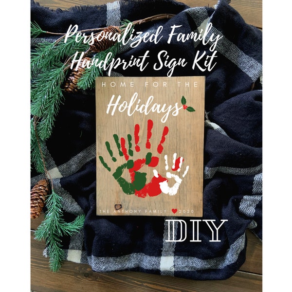 Home for the Holidays Pre-Personalized Family Handprint Wooden Sign Kit Keepsake - Christmas/DIY Family Handprint Sign - Quarantine Project