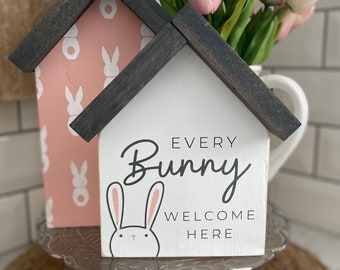 Every Bunny Welcome Here Mini House-Shaped Sign Set - Hand Painted Wood Wall Décor - Easter Décor - Gift - Easter Bunny - Rabbit