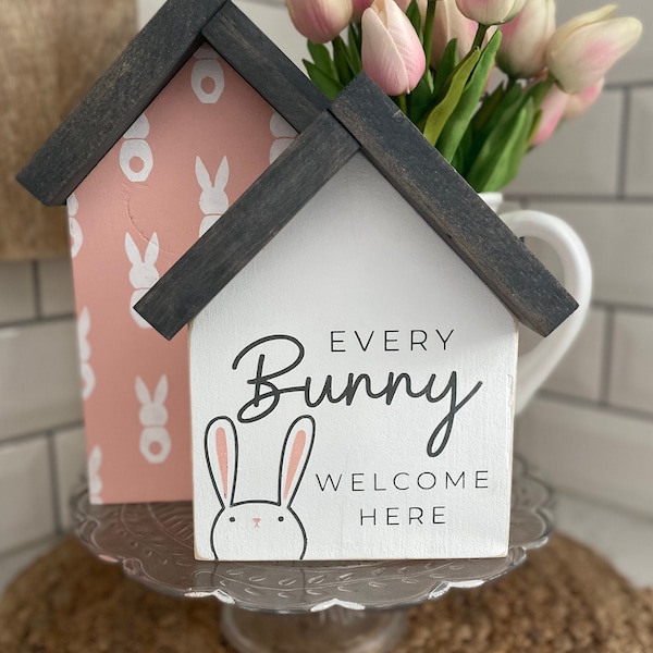 Every Bunny Welcome Here Mini House-Shaped Sign Set - Hand Painted Wood Wall Décor - Easter Décor - Gift - Easter Bunny - Rabbit
