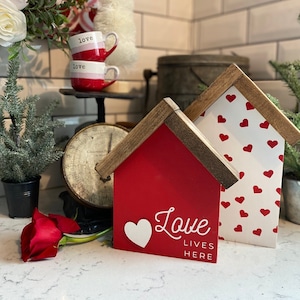 Love Lives Here Mini House-Shaped Sign - Hand Painted Wood Wall Décor - Valentine's Day Décor - Gift - Housewarming