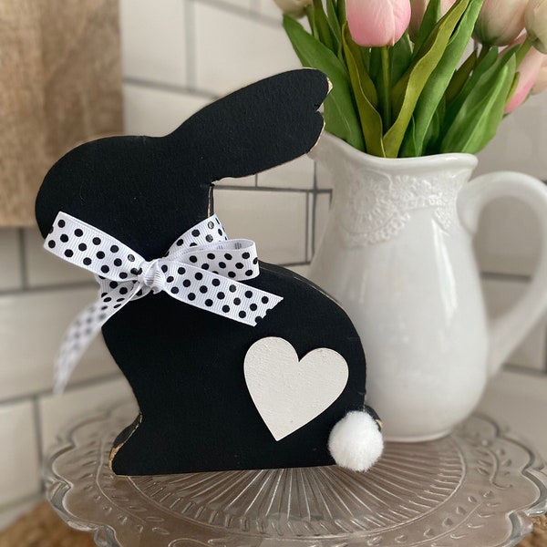 Black & White Colored Farmhouse-Style Hand-Cut Wooden Bunnies - Easter Decor - Tiered Tray Decor - Handmade - Bunny Home Decor - Rustic