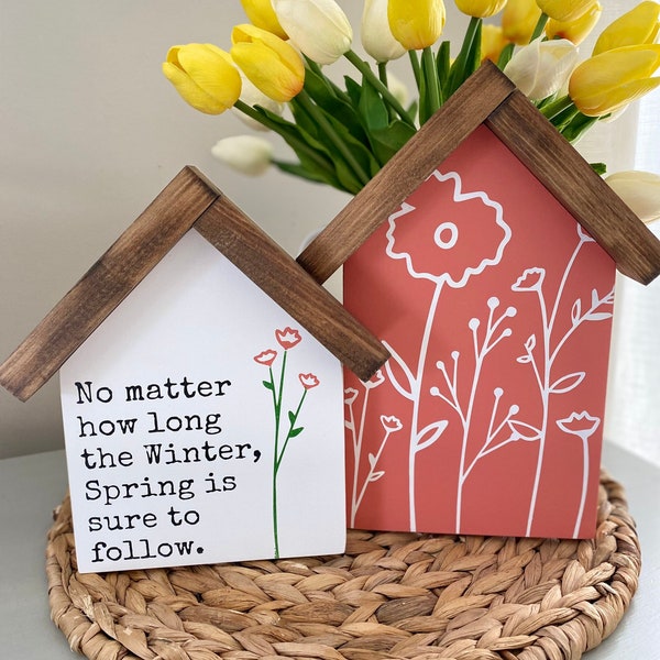 Spring Mini House-Shaped Sign Set | Hand Painted Wood Décor | Spring Quote Signs | Tiered Tray | For Everything There is a season