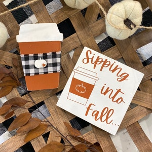 Sipping Into Fall Mini Wood Sign + Pumpkin Spice Latte Wooden Cutout Set | PSL Décor | Fall Décor | Tiered Tray Décor | Pumpkin Spice Lover