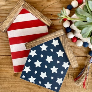 Patriotic Mini House-Shaped Sign Set |Hand Painted Wood Wall Décor | Forth of July/ Memorial Day Décor | Tiered Tray Decor | Stars & Stripes