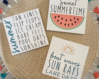 Sweet Summertime Mini Square Signs | Hand Painted Wood Décor | Summer Décor | Tiered Tray Décor | Beach Décor | Lake Décor | Watermelon