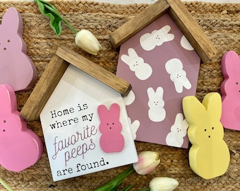 Ensemble d'enseignes de Pâques lapin voyeur de maison | chez moi, c'est là que se trouvent mes amis préférés | Décoration de Pâques | Décor de plateau à plusieurs niveaux | Lapins voyeurs à la guimauve