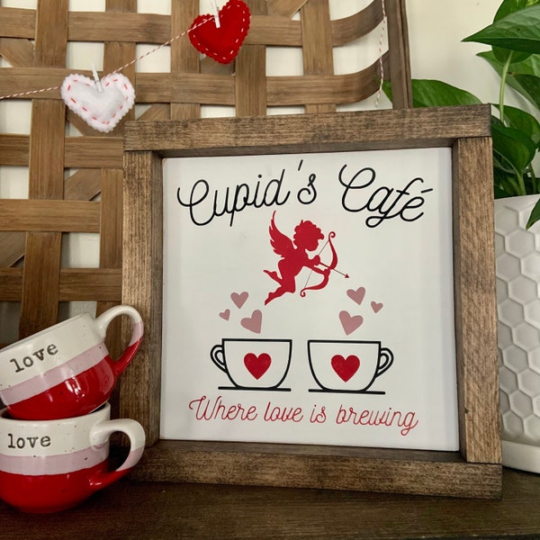 Valentine's Day Cupid’s Cafe Coffee Bar Sign - Hand Painted Wood Wall Décor with Frame - Valentine's Day Décor - Gift - Coffee Lover