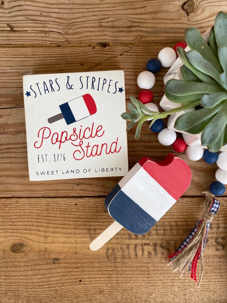 Patriotic Red White and Blue Wooden Popsicle Decor Hand-Cut & Hand-Painted Summer Tiered Tray Decor Fourth of July Memorial Day image 1