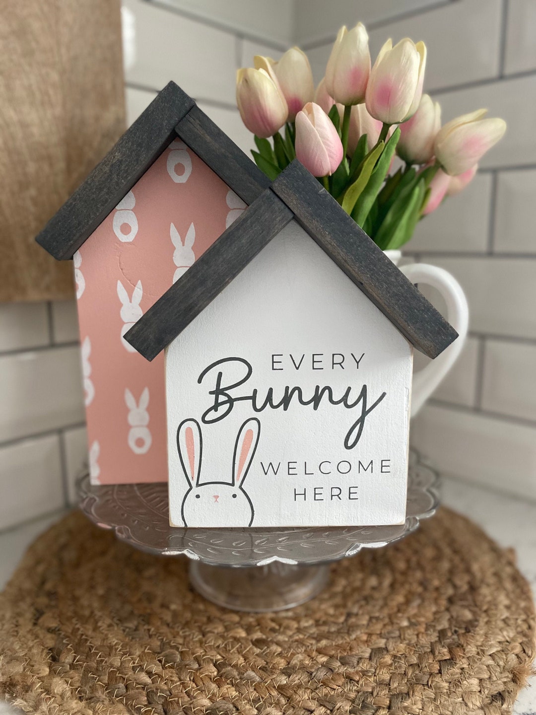 Every Bunny Welcome Here Mini House-shaped Sign Set - Hand Painted Wood ...