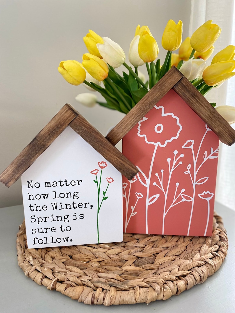 Spring Mini House-shaped Sign Set | Hand Painted Wood Décor | Spring ...