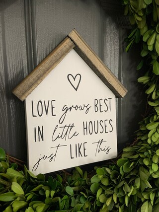 Targa In Legno Rustico 'Love Grows Best In Little Houses' - Decorazione Da Parete 15x45 Cm Con Cornice, Fatta A Mano In Indiana