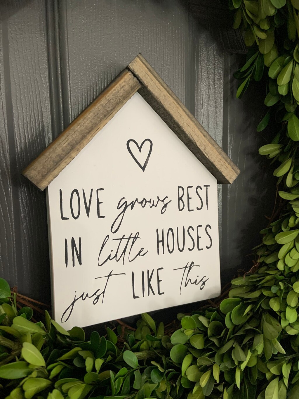 Targa In Legno Rustico 'Love Grows Best In Little Houses' - Decorazione Da Parete 15x45 Cm Con Cornice, Fatta A Mano In Indiana