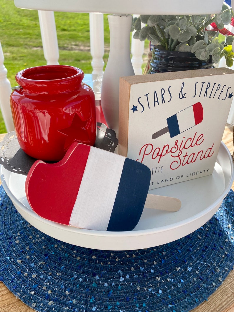 Patriotic Red White and Blue Wooden Popsicle Decor Hand-Cut & Hand-Painted Summer Tiered Tray Decor Fourth of July Memorial Day image 4