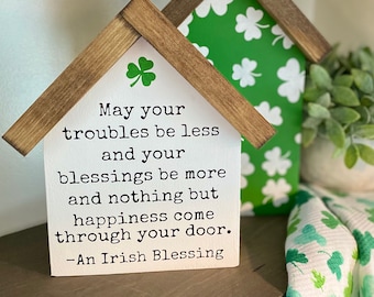 Saint Patrick's Day Irish Blessing Mini House-Shaped Sign | Shamrocks | Clovers | St. Patty's Décor | Tiered Tray Decor | Irish Decor