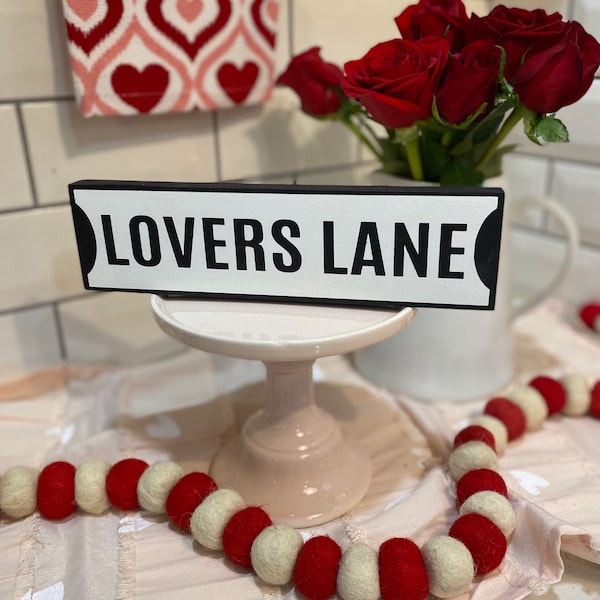 Lovers Lane Mini Valentine's Day Street Sign | Tiered Tray Décor | Valentine's Day Décor | Hand-Painted | Black & White Valentine's Décor