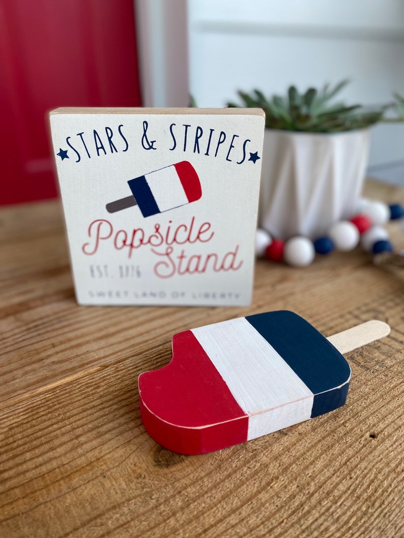 Patriotic Red White and Blue Wooden Popsicle Decor Hand-Cut & Hand-Painted Summer Tiered Tray Decor Fourth of July Memorial Day image 5