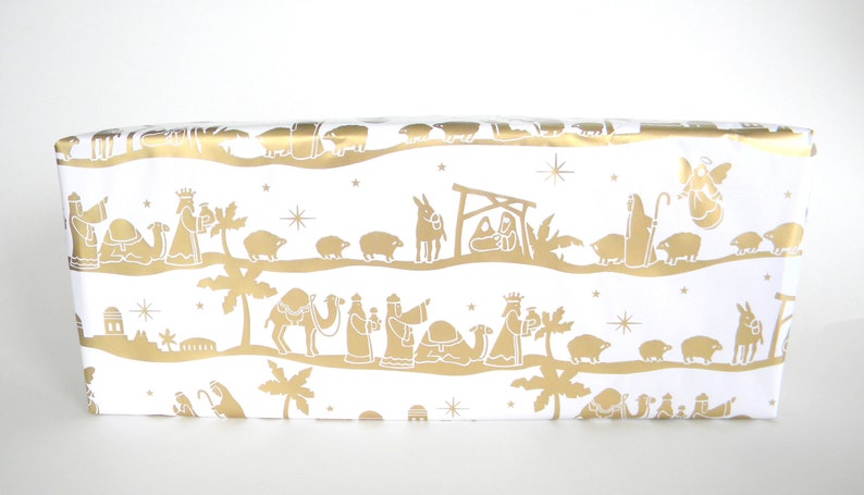 In Metallic Gold and Gloss White 10 ft x 2 ft x .60 m Roll 3.048 m Nativity Scene Wrapping Paper