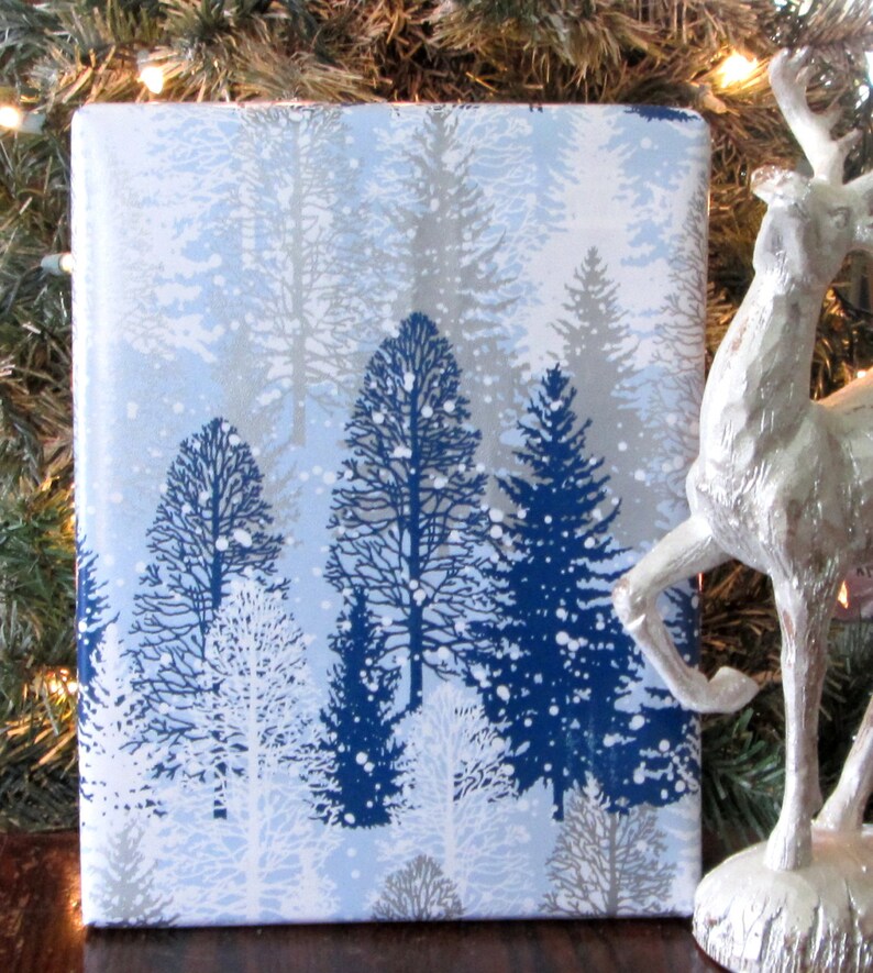 Winter Forest Holiday Wrapping Paper in Blue Metalic Silver Etsy