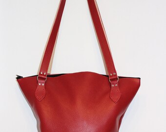 Leather Bag Bucket Bag Leather Handmade Bucket Bag Ladies Bag Double Handles Bag Leather Tote Tote Zip Bag Leather Bag Red Leather Bag