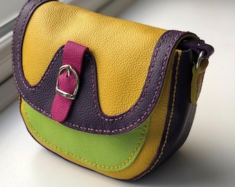 Leather handbag Rainbow handbag Yellow leather handbag Yellow and purple leather bag