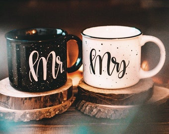 Mr. + Mrs. Campfire Coffee Mug Set | 14 oz Camper Mug | Wedding Gift | Best Seller