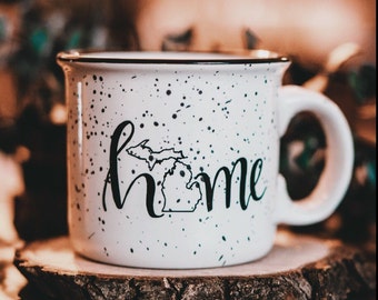 HOME Campfire Mug | Hand Lettered Coffee Camper Mug | State Mug