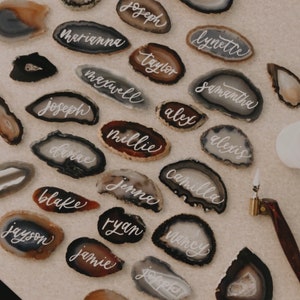 Hand Lettered Agate Wedding Place Cards: Calligraphy Slices