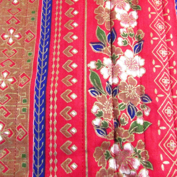 Vintage Pre-Quilted Fabric - Red With Gold, Blue, and Green Accent and Floral - 1980's  1 Yard x 45" - Cheater Quilt