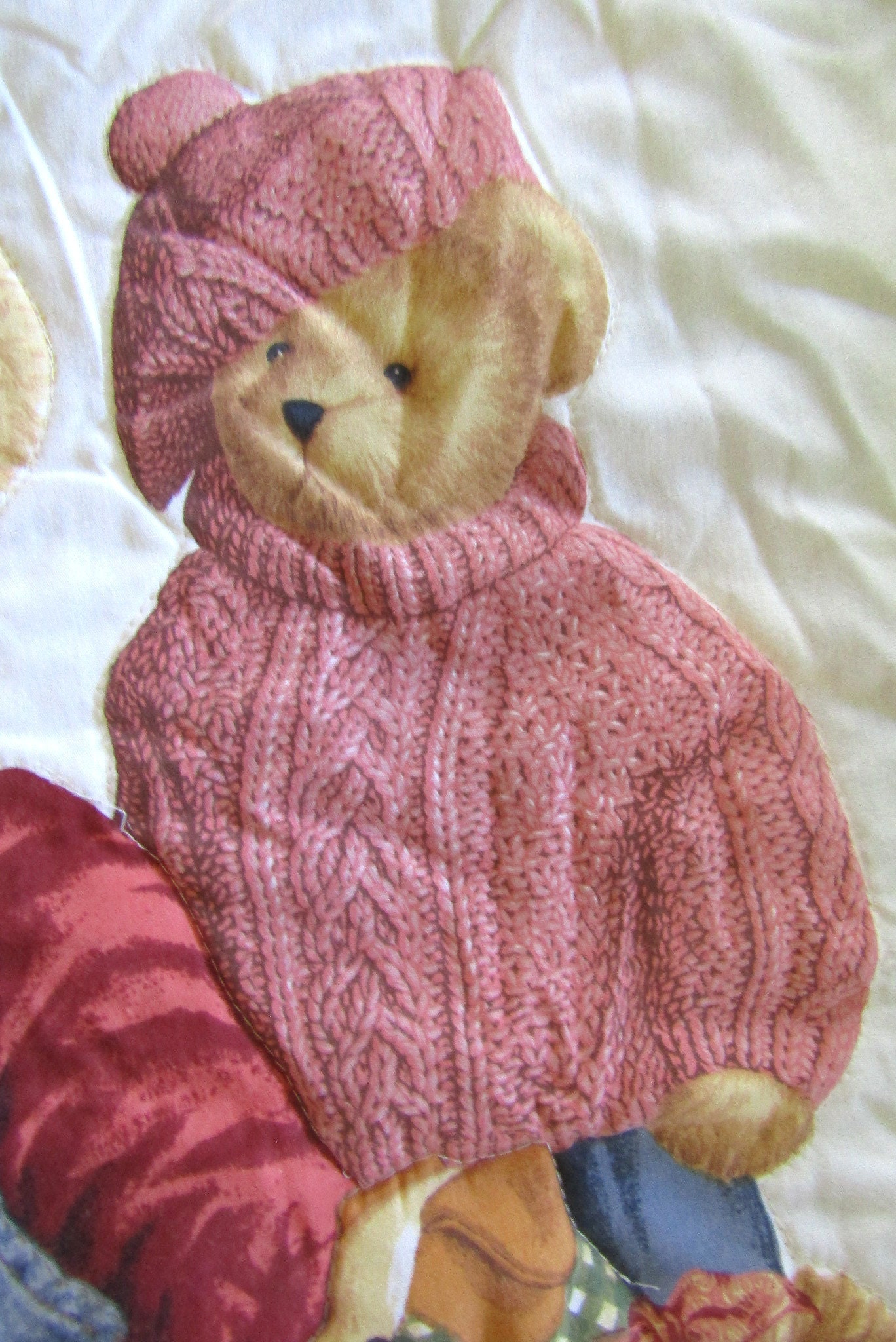 Daisy Kingdom Blue Jean Teddy Bear Crib Blanket/quilt With Wall Hanging Machine Sewn From 1990's