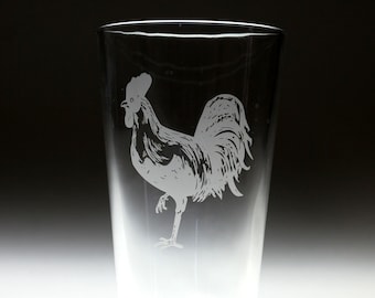 Personalized Rooster chicken Etched Sandblasted Pint Glass, bird gift, rooster gift, christmas gift,