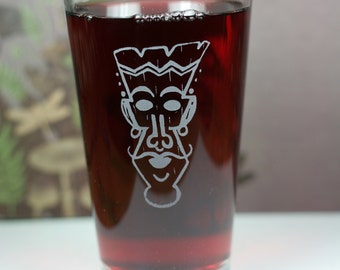 70's Pimp Tiki with goatee Etched Sandblasted Pint Glass, tiki gift, holiday gift, gift under 20