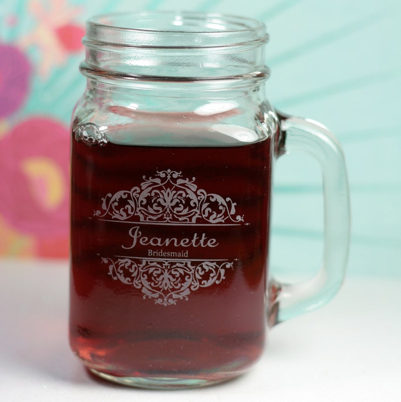 Personalized Bridesmaid Mason Jar Mugs with Baroque theme set of 4 Wedding gift, Bridesmaid Gift, Maid of Honor Gift, Mother of the Bride image 1