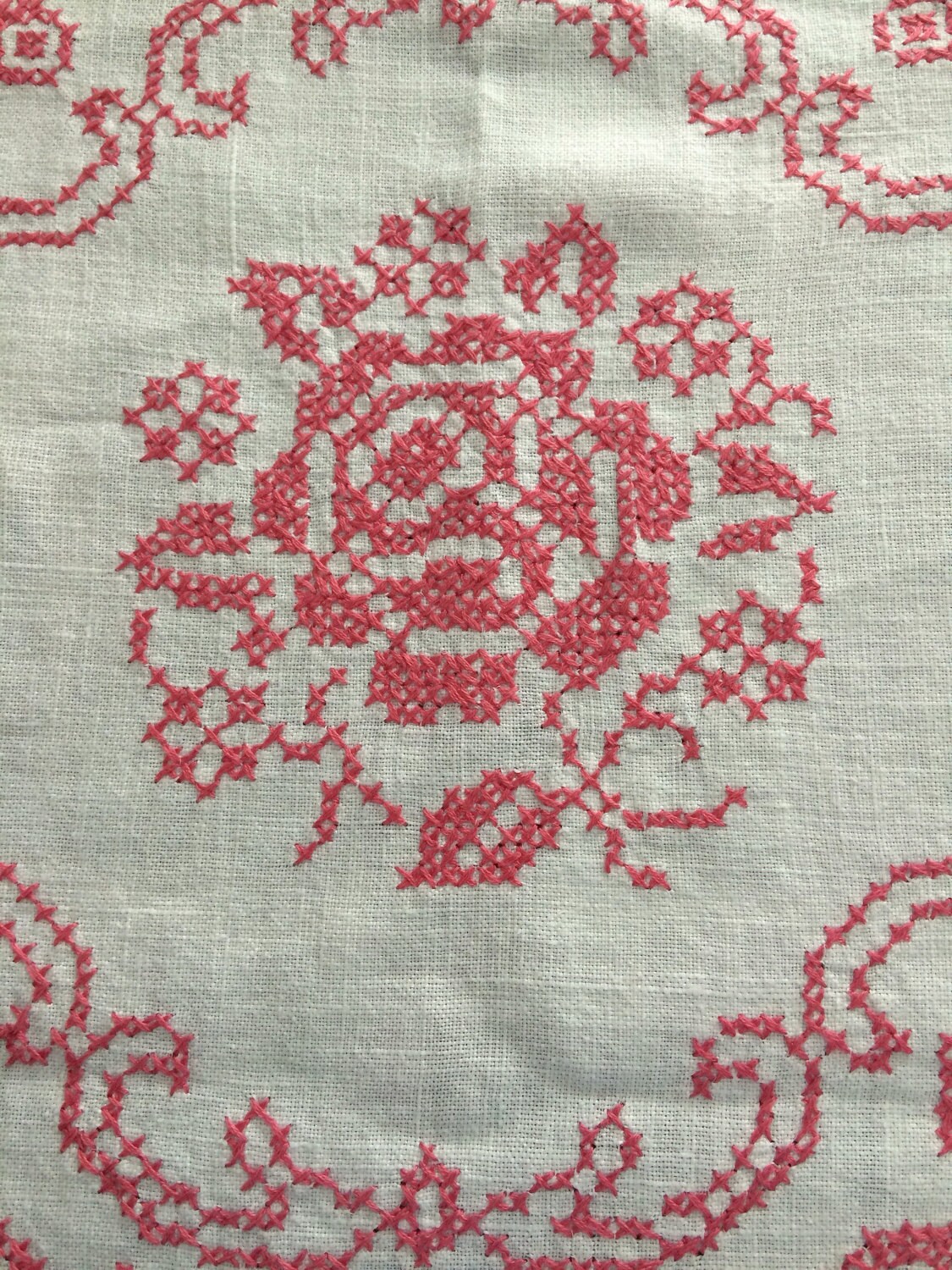 Tablecloth pink and white floral rose hand stitched design Etsy